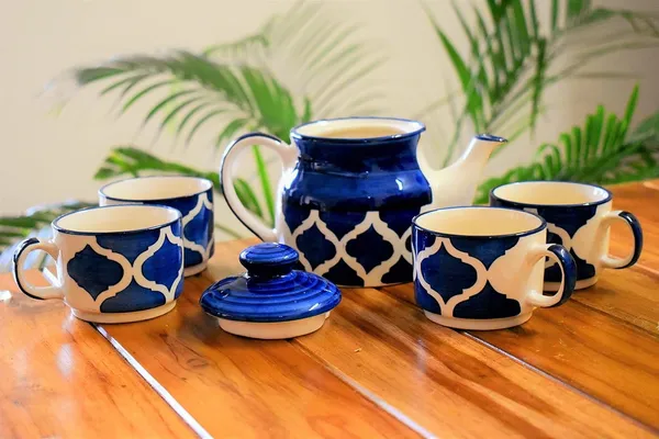 India_Meets_India_Blue_Ceramic_Kettle_Set_with_Tray_4_Cups_Tea_Pot_Set_500_ML_Tea_Pot_and_10"_Tray