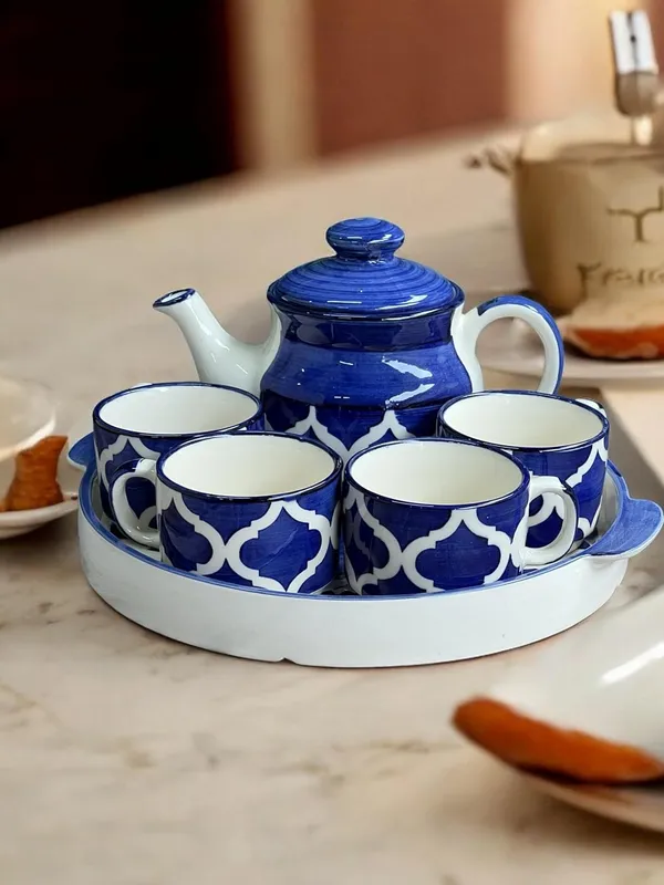 India_Meets_India_Blue_Ceramic_Kettle_Set_with_Tray_4_Cups_Tea_Pot_Set_500_ML_Tea_Pot_and_10"_Tray