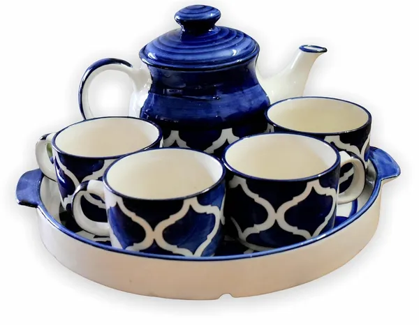 India_Meets_India_Blue_Ceramic_Kettle_Set_with_Tray_4_Cups_Tea_Pot_Set_500_ML_Tea_Pot_and_10"_Tray
