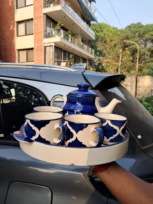 India_Meets_India_Blue_Ceramic_Kettle_Set_with_Tray_4_Cups_Tea_Pot_Set_500_ML_Tea_Pot_and_10"_Tray