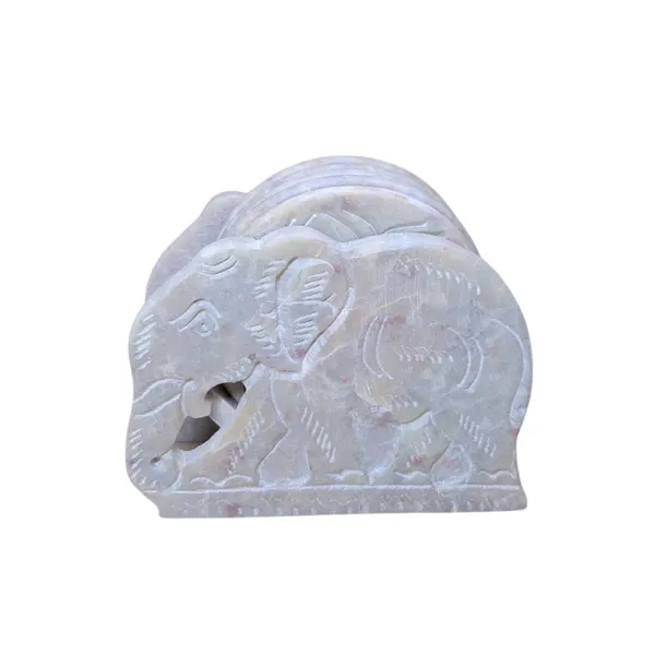 Soapstone_Carved_Tea_Table_Coasters_Set_of_6_with_Elephant_Stand