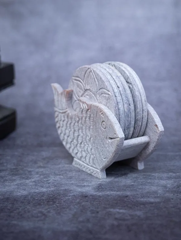 Soapstone_Carved_Tea_Table_Coasters_Set_of_6_with_Fish_Stand