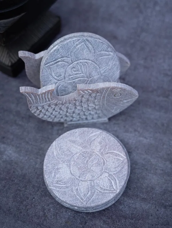 Soapstone_Carved_Tea_Table_Coasters_Set_of_6_with_Fish_Stand