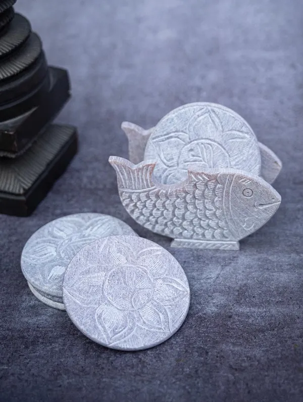 Soapstone_Carved_Tea_Table_Coasters_Set_of_6_with_Fish_Stand