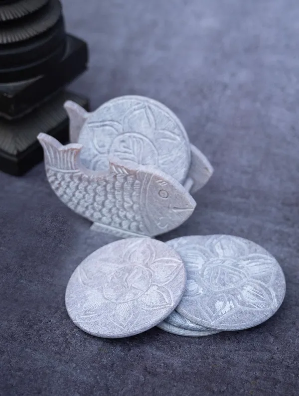 Soapstone_Carved_Tea_Table_Coasters_Set_of_6_with_Fish_Stand