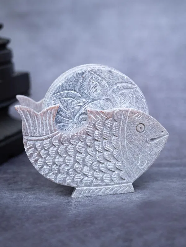 Soapstone_Carved_Tea_Table_Coasters_Set_of_6_with_Fish_Stand