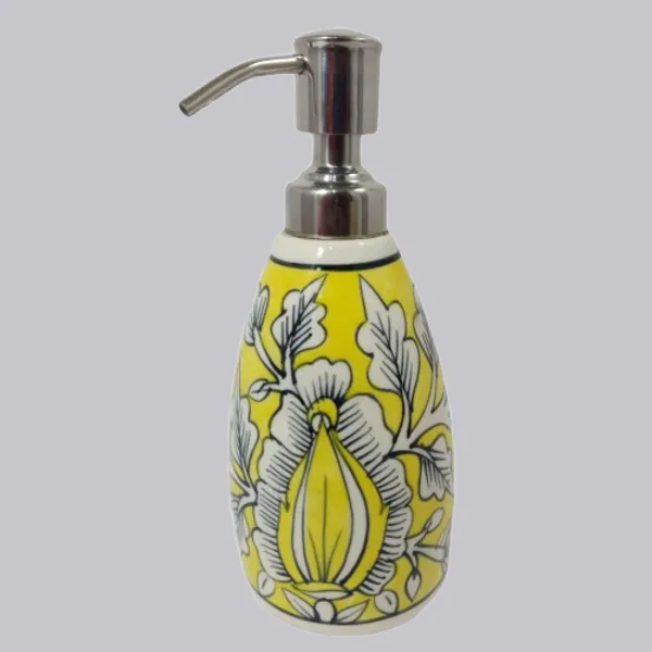 Yellow_Ceramic_Liquid_Soap_Dispenser_w/Stainless_Steel_Pump_Hand_Painted_Refillable_Soaps/Shampoo/Lotions_300_ML