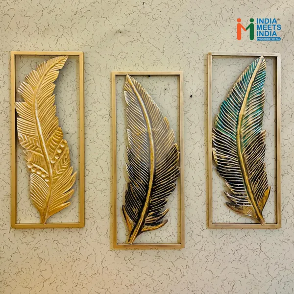 India_Meets_India_Decorative_Metal_Feather_Wall_Art_Set_–_Modern_Abstract_Wall_Hanging_Decor_for_Living_Room,_Bedroom,_and_Office_(Set_of_3,_Gold_and_Antique_Finish)