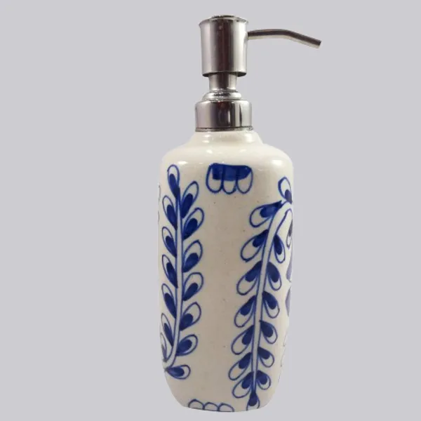 Floral_White_and_Blue_Ceramic_Liquid_Soap_Dispenser_w/Stainless_Steel_Pump_Hand_Painted_Refillable_Soaps/Shampoo/Lotions_300_ML