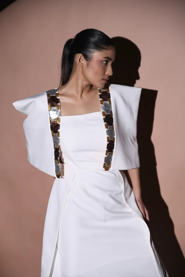 LUDE_CHROMARA_Off_White_Luxury_Polyester_Cape_Dress