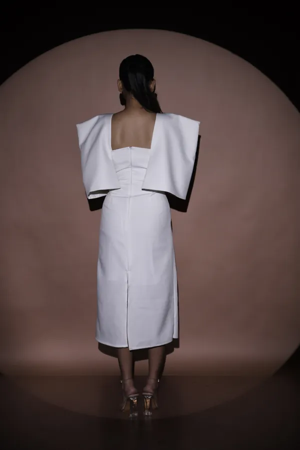 LUDE_CHROMARA_Off_White_Luxury_Polyester_Cape_Dress