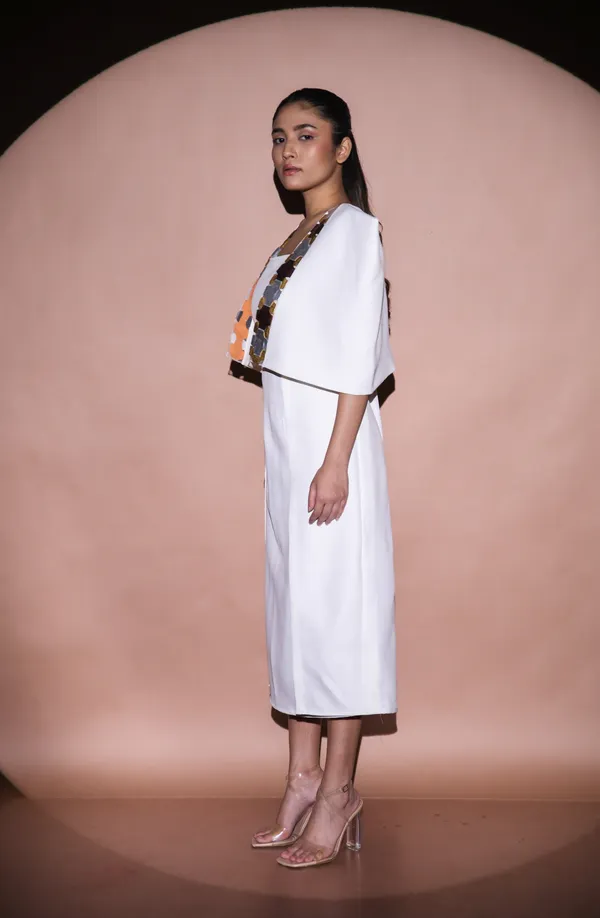 LUDE_CHROMARA_Off_White_Luxury_Polyester_Cape_Dress