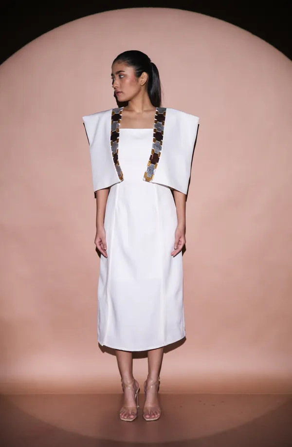LUDE_CHROMARA_Off_White_Luxury_Polyester_Cape_Dress