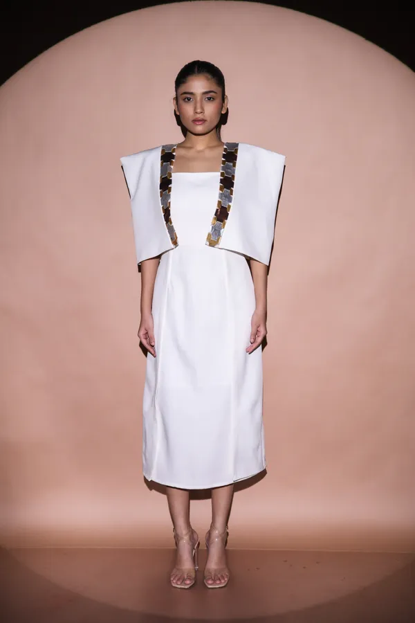 LUDE_CHROMARA_Off_White_Luxury_Polyester_Cape_Dress