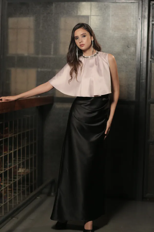 FUSION_DRAPED_SATIN_CAMI_DRESS,_Pastel_Pink_and_Black,_Luxury_Satin