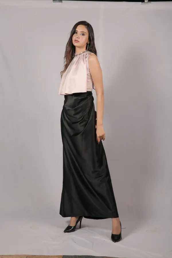FUSION_DRAPED_SATIN_CAMI_DRESS,_Pastel_Pink_and_Black,_Luxury_Satin