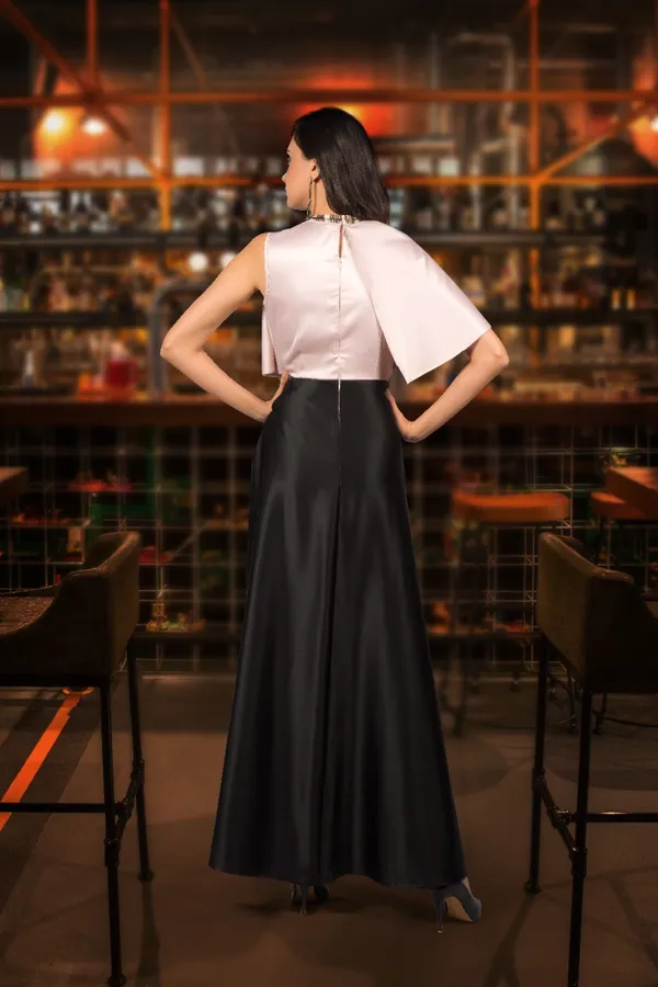 FUSION_DRAPED_SATIN_CAMI_DRESS,_Pastel_Pink_and_Black,_Luxury_Satin