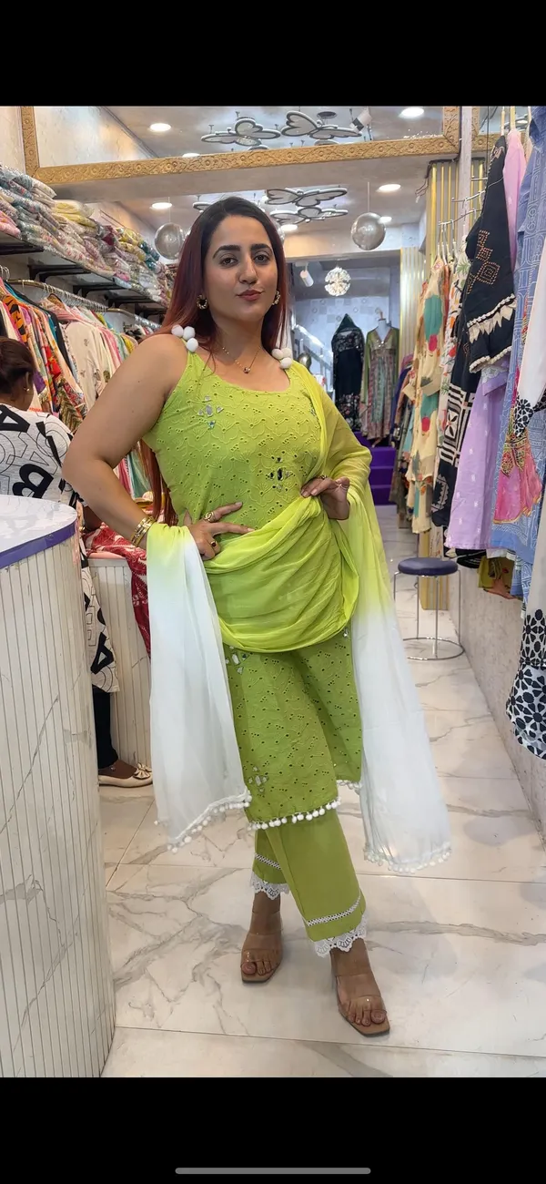 SCHIFFLI_GREEN_STRAP_SUIT_WITH_POM_POM