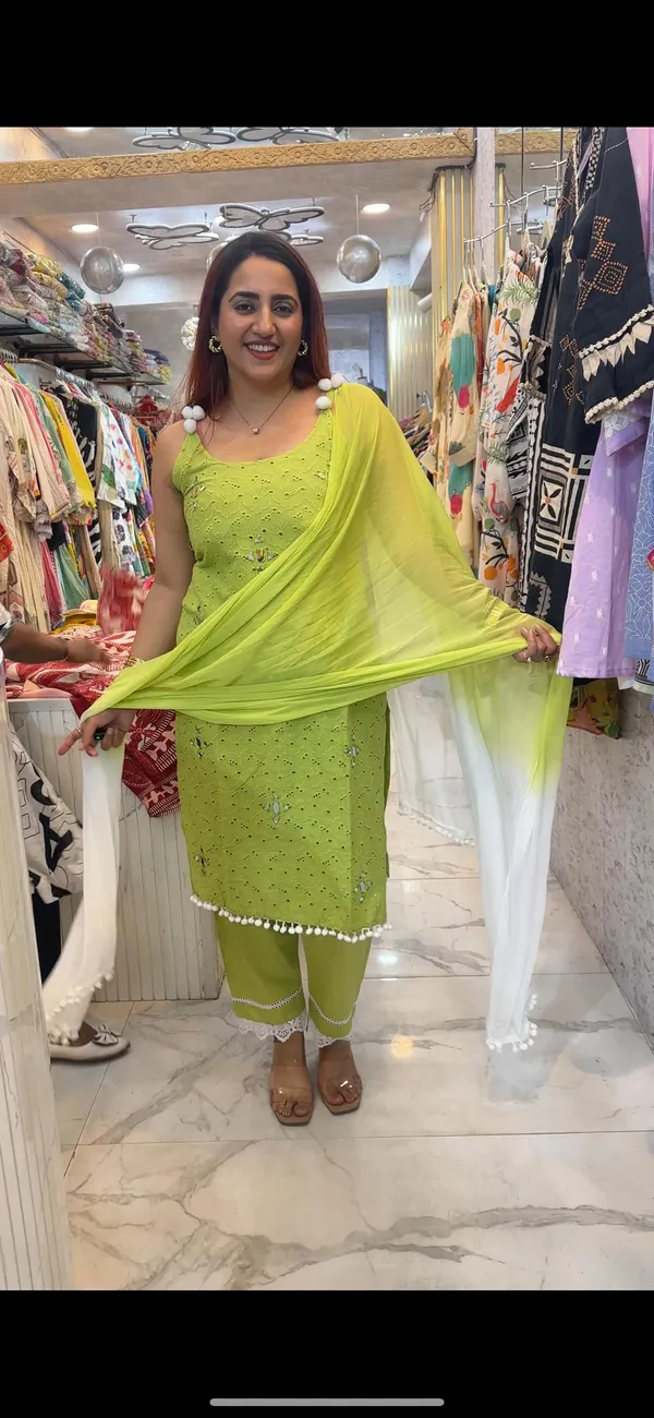 SCHIFFLI_GREEN_STRAP_SUIT_WITH_POM_POM