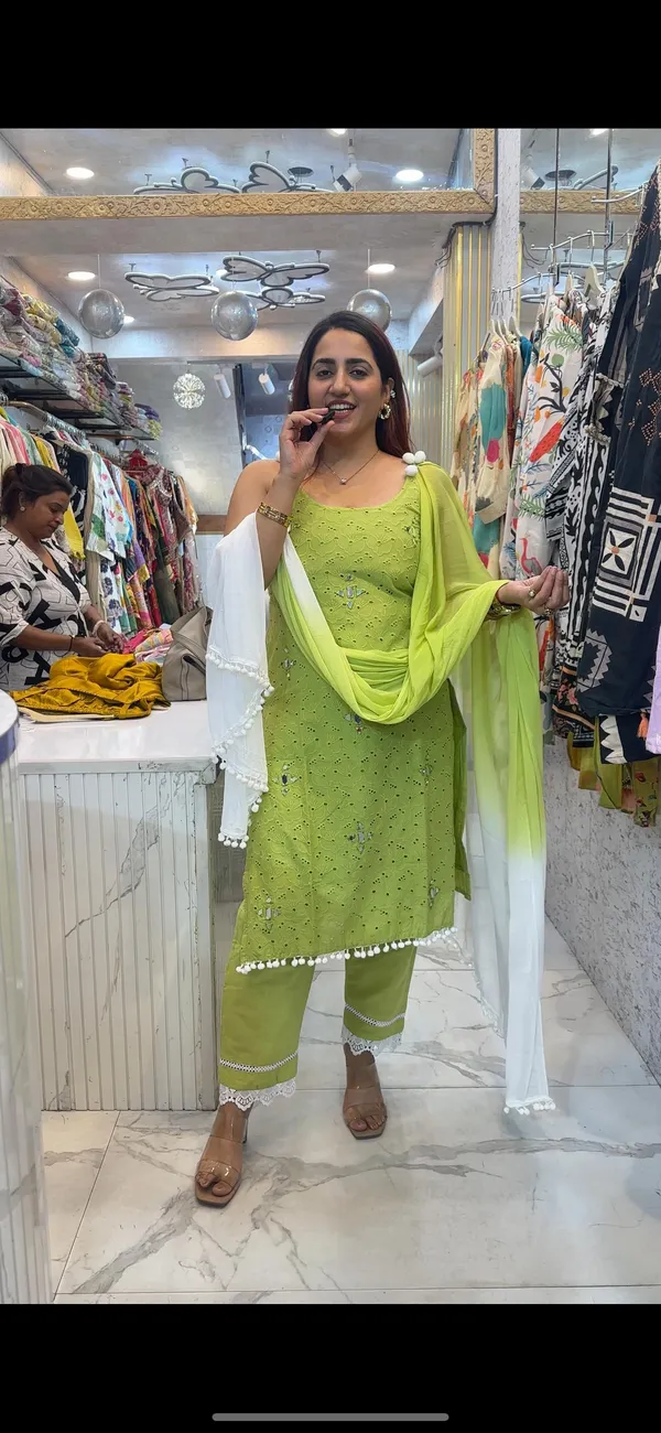 SCHIFFLI_GREEN_STRAP_SUIT_WITH_POM_POM