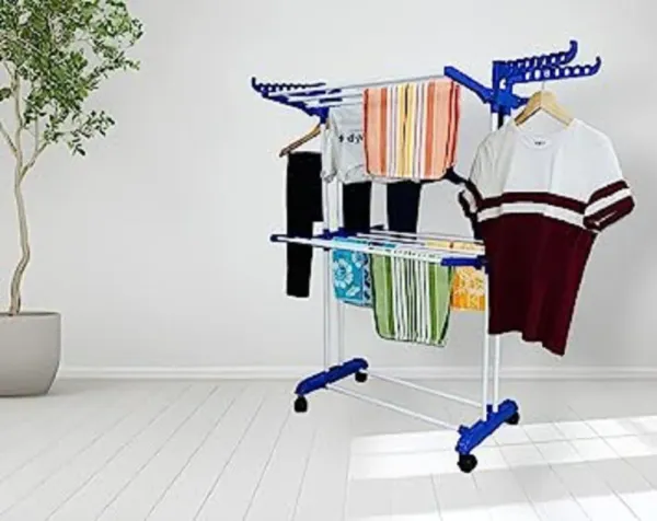 White_Cloth_Drying_Stand_With_Wheels_�_2__Layer_Foldable_Laundry_Rack_For_Indoor/Outdoor_Use_Spacesaving_Durable_Steel_Construction