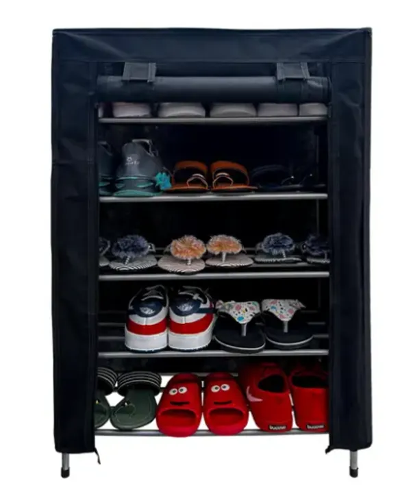 Black_Multipurpose_5_Shelves/_Layer_Shoe_Rack_Organizer_With_Wheels_And_Dustproof_Cover_Portable_Smart_Storage_Rack_Organizer_With_Zip_Cover