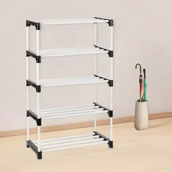 Black_Adjustable_5Tier_Shoe_Rack_Durable_Plastic_&_Metal_Stand