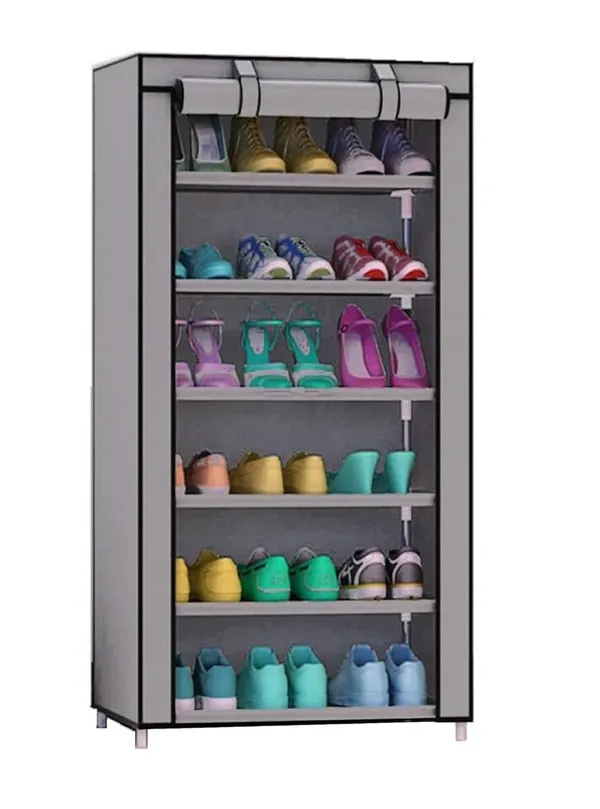 Grey_Multipurpose_6_Shelves_Rack_With_Zip_Door_Cover_&_Side_Pockets_Multiuse_Storage_Rack_For_Footwear_Toys_Clothes_With_Dustproof_Cover