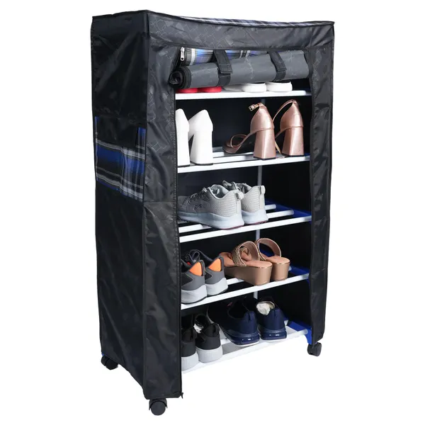 Black_Multipurpose_5_Shelves/_Layer_Shoe_Rack_Organizer_With_Wheels_And_Dustproof_Cover_Portable_Smart_Storage_Rack_Organizer_With_Zip_Cover