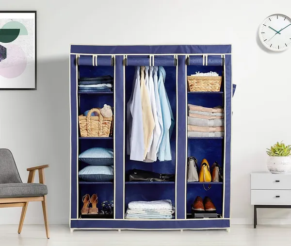 Blue_Plastic_3Door_Foldable_Wardrobe_10_Racks_162_Cm_44_Cm_138_Cm