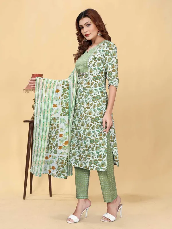 Green_Cotton_Blend_Printed_Straight_Kurta_,_Palazzo_&_Dupatta_Set_Set_For_Women