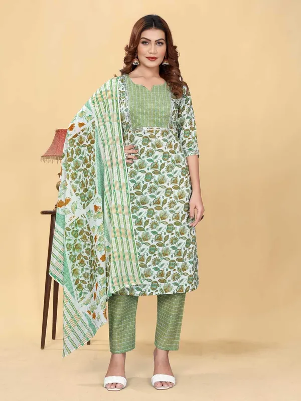 Green_Cotton_Blend_Printed_Straight_Kurta_,_Palazzo_&_Dupatta_Set_Set_For_Women