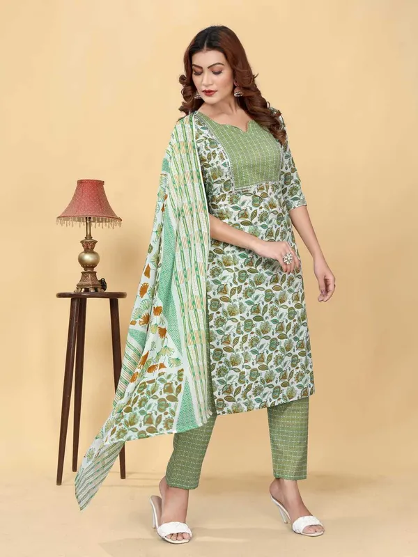 Green_Cotton_Blend_Printed_Straight_Kurta_,_Palazzo_&_Dupatta_Set_Set_For_Women