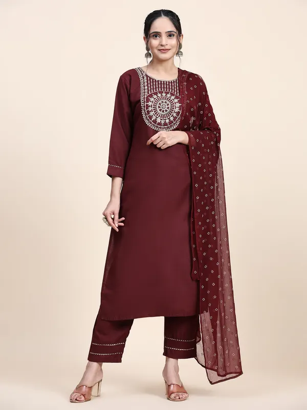 Maroon_Cotton_Blend_Embroidered_Straight_Kurta_,_Palazzo_&_Dupatta_Set_Set_For_Women