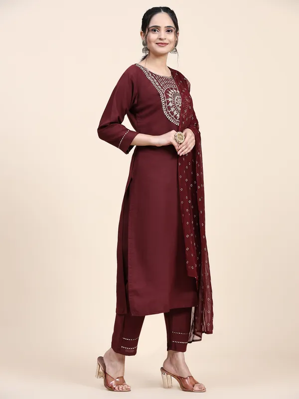 Maroon_Cotton_Blend_Embroidered_Straight_Kurta_,_Palazzo_&_Dupatta_Set_Set_For_Women