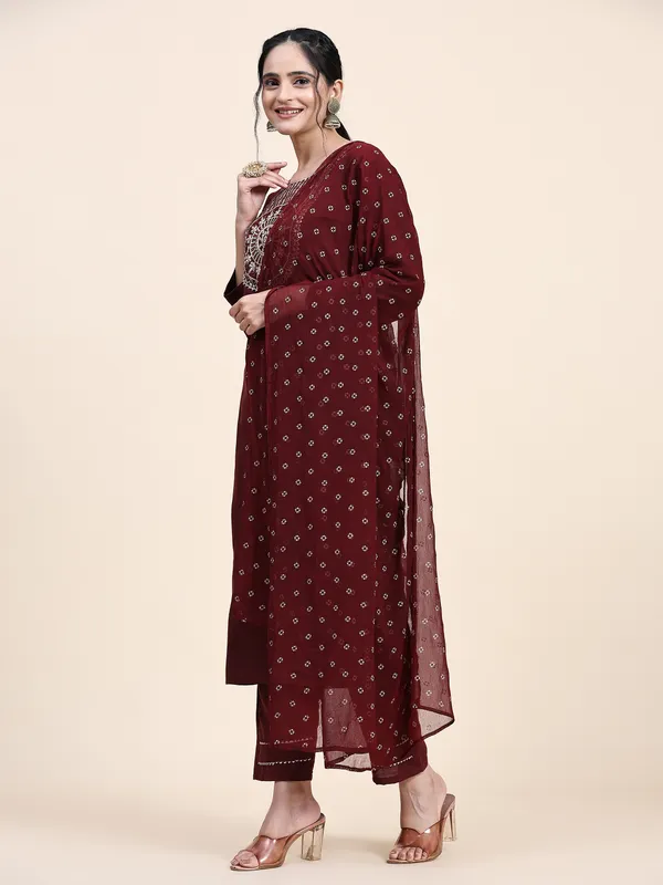 Maroon_Cotton_Blend_Embroidered_Straight_Kurta_,_Palazzo_&_Dupatta_Set_Set_For_Women