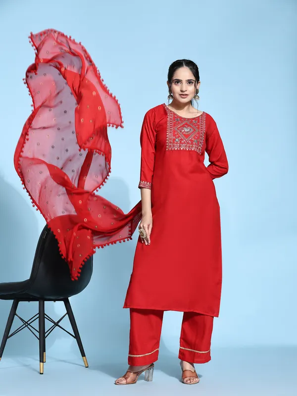 Red_Cotton_Blend_Embroidered_Straight_Kurta_,_Palazzo_&_Dupatta_Set_Set_For_Women