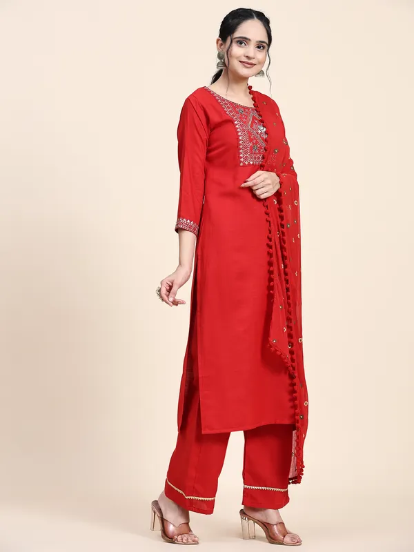 Red_Cotton_Blend_Embroidered_Straight_Kurta_,_Palazzo_&_Dupatta_Set_Set_For_Women