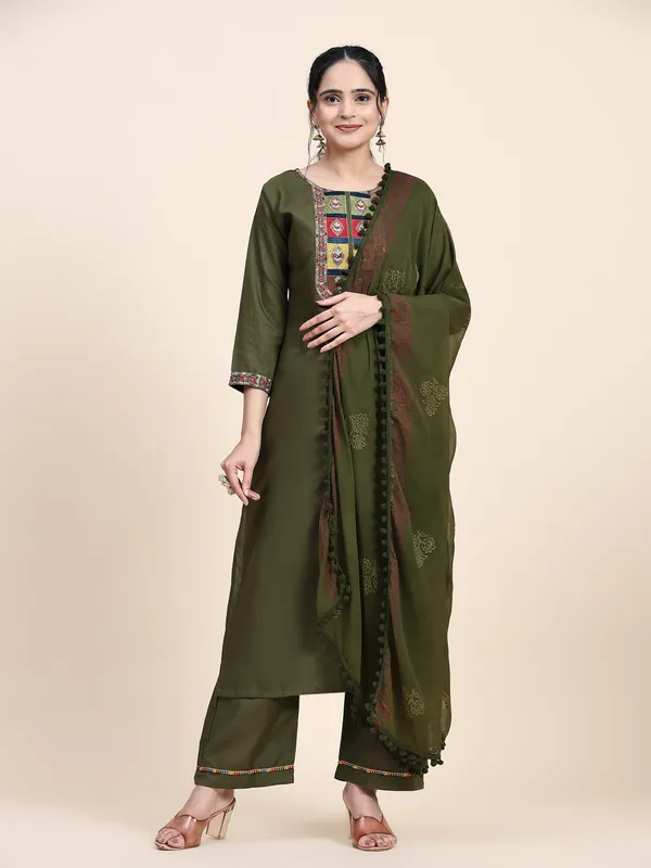 Green_Cotton_Blend_Embroidered_Straight_Kurta_,_Palazzo_&_Dupatta_Set_Set_For_Women