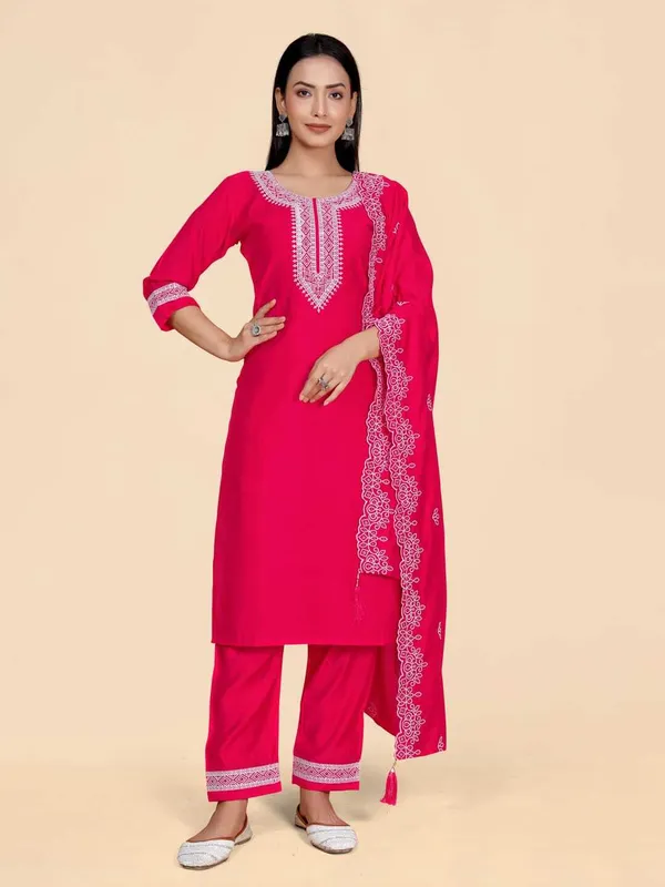 Red_Silk_Blend_Embroidered_Straight_Kurta_,_Palazzo_&_Dupatta_Set_Set_For_Women