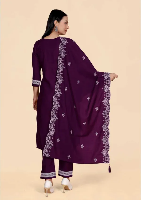 Maroon_Silk_Blend_Embroidered_Straight_Kurta_,_Palazzo_&_Dupatta_Set_Set_For_Women