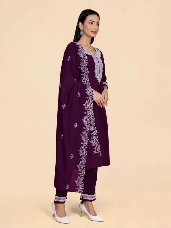 Maroon_Silk_Blend_Embroidered_Straight_Kurta_,_Palazzo_&_Dupatta_Set_Set_For_Women