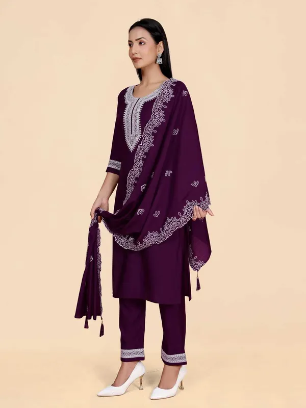 Maroon_Silk_Blend_Embroidered_Straight_Kurta_,_Palazzo_&_Dupatta_Set_Set_For_Women