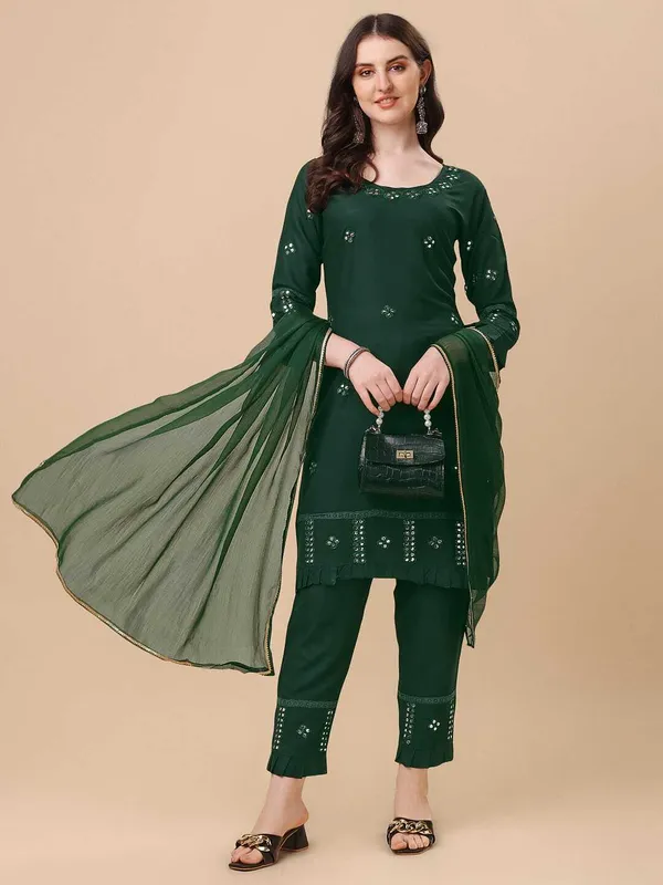 Green_Viscose_Rayon_Self_Design_Straight_Kurta_,_Palazzo_&_Dupatta_Set_Set_For_Women