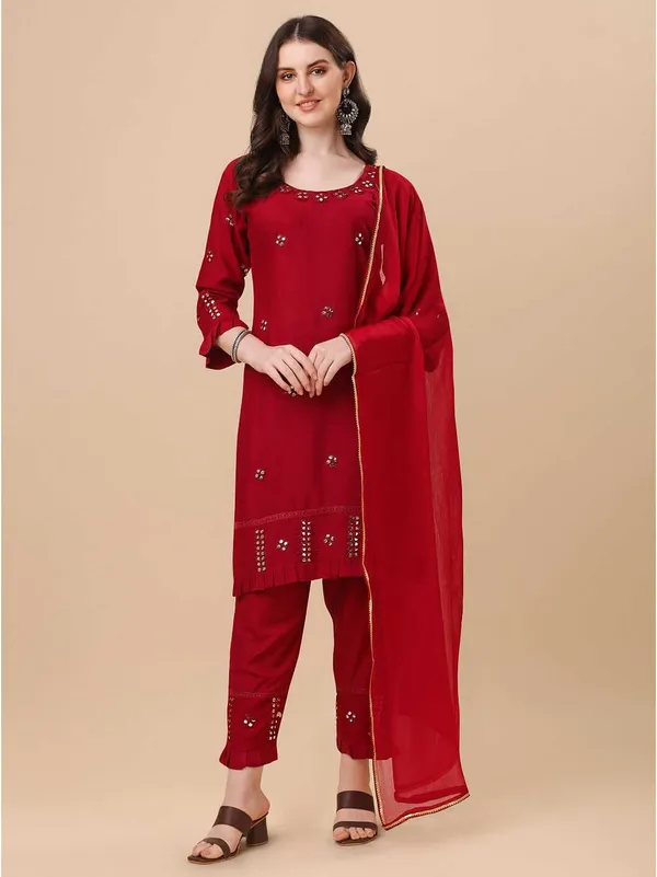 Maroon_Viscose_Rayon_Self_Design_Straight_Kurta_,_Palazzo_&_Dupatta_Set_Set_For_Women