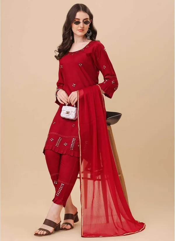 Maroon_Viscose_Rayon_Self_Design_Straight_Kurta_,_Palazzo_&_Dupatta_Set_Set_For_Women