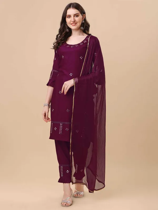 Maroon_Viscose_Rayon_Self_Design_Straight_Kurta_,_Palazzo_&_Dupatta_Set_Set_For_Women