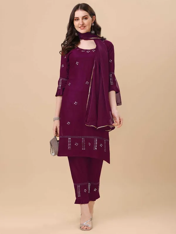 Maroon_Viscose_Rayon_Self_Design_Straight_Kurta_,_Palazzo_&_Dupatta_Set_Set_For_Women