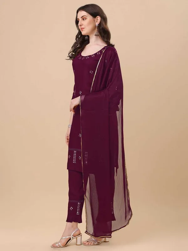 Maroon_Viscose_Rayon_Self_Design_Straight_Kurta_,_Palazzo_&_Dupatta_Set_Set_For_Women