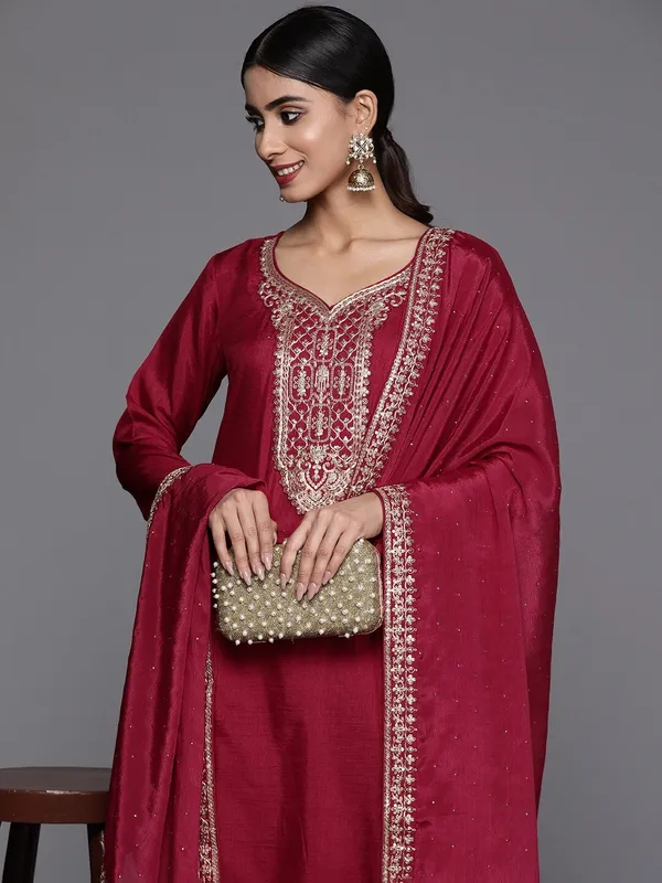 Maroon_Silk_Blend_Embroidered_Straight_Kurta_,_Palazzo_&_Dupatta_Set_Set_For_Women